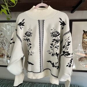 NWT Anthropologie Plus 2X Cream and Black Floral Turtleneck Sweater